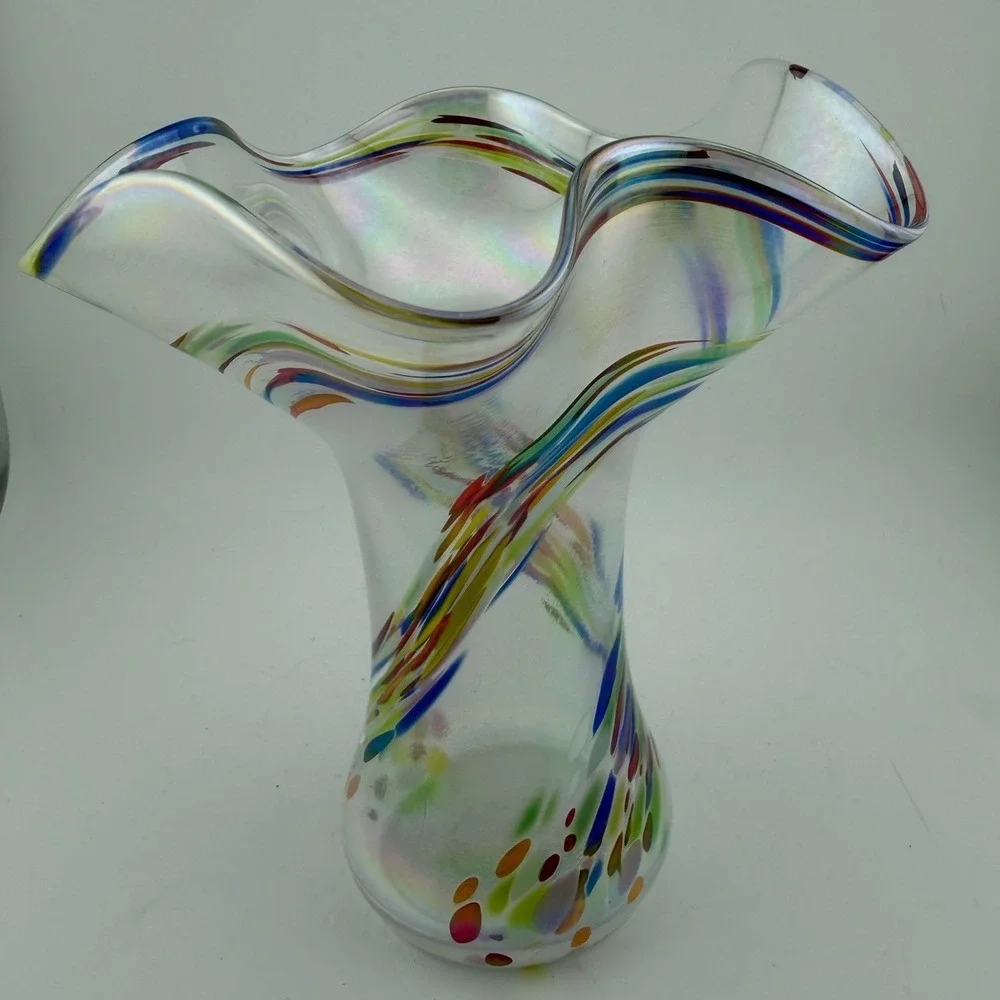 Murano Hand Blown Art Glass Vase Medium Multicolor Iridescent Ruffled Confetti